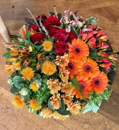 Findon Flowers Red and Orange Posy Funeral Tribute