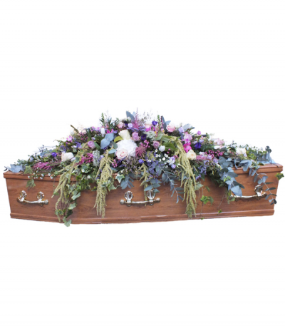 Garden of England - A gorgeous cottage garden style tribute featuring long trails of eucalyptus, ferns and amaranthus to drape the casket. Soft lilac, white and pink seasonal flowers adorn this spray, however we can of course work with any alternative colourings to suit your preference.