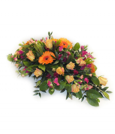 Forever Adored - Oranges and Pinks compliment each other in a pretty display of roses, gerberas and scented sweet-peas. 
Please note that sweet-peas are only available for a short season and will otherwise be substituted for an alternative similar flower.