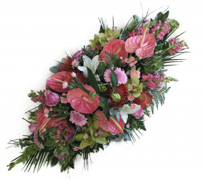 Sweet Sentiments - Tropical flowers in a pastel colour palette, including anthuriums, proteas and orchids, softened with pretty pink filler flowers.
Please note that flower varieties are subject to seasonal availability and will otherwise be substituted for similar flowers.