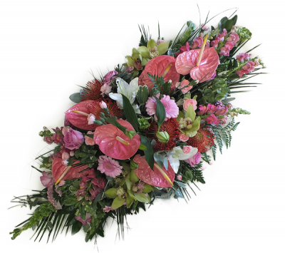 Sweet Sentiments - Tropical flowers in a pastel colour palette, including anthuriums, proteas and orchids, softened with pretty pink filler flowers.
Please note that flower varieties are subject to seasonal availability and will otherwise be substituted for similar flowers.