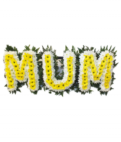 MUM 07 - Lettering "Mum" massed in striking yellow and white chrysanthemums. Letters are framed with natural foliage edging. Any wording can be created in this style, and colours can be altered to suit your preferences- please call us to discuss.