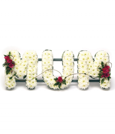MUM 08 - Lettering "Mum" massed in white chrysanthemums, finished with red rose sprays at each end and decorative vines. Any wording can be created in this style, and colours can be altered to suit your preferences- please call us to discuss.
