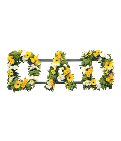 DAD 06 - Loose lettering, meaning that the letters are filled with greenery and mixed flowers in a more natural style. This example includes fresh yellow, white and green seasonal flowers with a contemporary look. Any wording can be created in this style, and colours can be altered to suit your preferences- please call us to discuss.