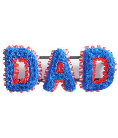 DAD 07 - Lettering "Dad" massed in bold dyed-blue chrysanthemums, finished with a contrasting red pleated ribbon edging. Any wording can be created in this style, and colours can be altered to suit your preferences- please call us to discuss.