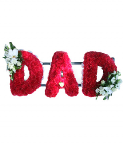 DAD 07 - Lettering "Dad" massed in deep red-dyed chrysanthemums, finished with white flower sprays at each end. Any wording can be created in this style, and colours can be altered to suit your preferences- please call us to discuss.