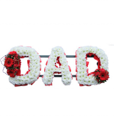DAD 08 - Lettering "Dad" massed in white chrysanthemums, finished with red flower sprays at each end. Letters are framed with red pleated ribbon edging. Any wording can be created in this style, and colours can be altered to suit your preferences- please call us to discuss.