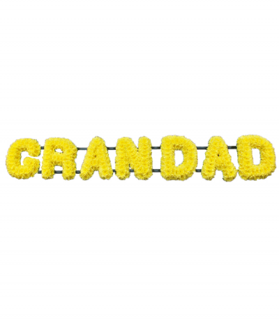 Grandad 1 - Simply massed in bright yellow chrysanthemums, a striking "Grandad" tribute. 
Any wording can be created in this style, and colours can be altered to suit your preferences- please call us to discuss your requirements.
£45.00 per letter.