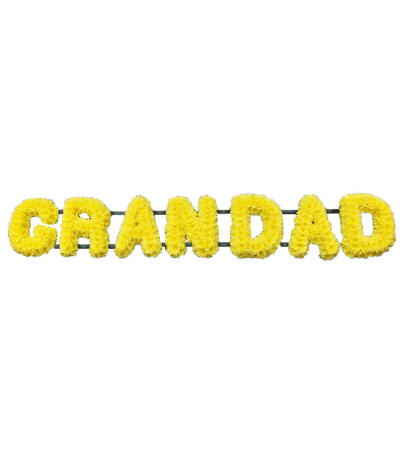 Grandad 1 - Simply massed in bright yellow chrysanthemums, a striking "Grandad" tribute. 
Any wording can be created in this style, and colours can be altered to suit your preferences- please call us to discuss your requirements.
£45.00 per letter.