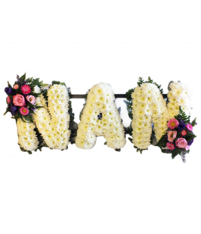 Nan 2 - "Nan" lettering in white based chrysanthemums, edged with green foliage and finished off with pretty pink and purple sprays of flowers.
Any wording can be created in this style, and colours can be altered to suit your preferences- please call us to discuss.
£45.00 per letter.