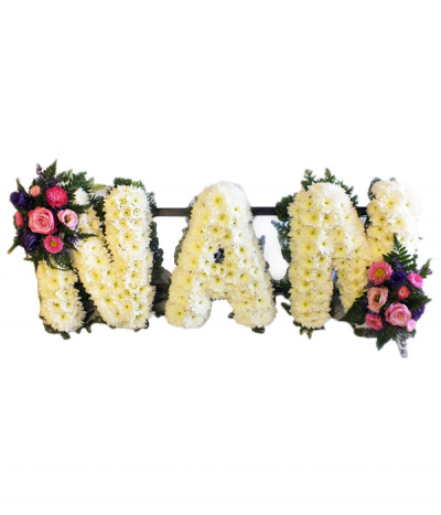 Nan 2 - "Nan" lettering in white based chrysanthemums, edged with green foliage and finished off with pretty pink and purple sprays of flowers.
Any wording can be created in this style, and colours can be altered to suit your preferences- please call us to discuss.
£45.00 per letter.