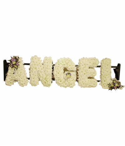 Angel - "Angel" lettering in white based chrysanthemums and complimented with soft pastel flower sprays.
Any wording can be created in this style, and colours can be altered to suit your preferences- please call us to discuss.
£45.00 per letter.