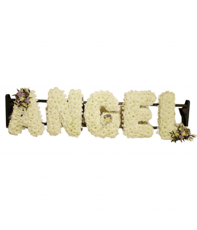 Angel - "Angel" lettering in white based chrysanthemums and complimented with soft pastel flower sprays.
Any wording can be created in this style, and colours can be altered to suit your preferences- please call us to discuss.
£45.00 per letter.