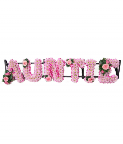 Auntie - Pretty pink-based "Auntie" lettering with hot-pink pleated ribbon edging and finished with rose sprays to compliment.
Any wording can be created in this style, and colours can be altered to suit your preferences- please call us to discuss.
£45.00 per letter