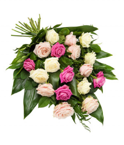 Pink & White Rose sheaf - Gorgeous roses in pink and white shades, tied naturally with mixed glossy leaves and foliage.
Image shown is Medium size.