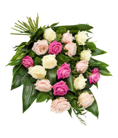 Pink & White Rose sheaf - Gorgeous roses in pink and white shades, tied naturally with mixed glossy leaves and foliage.
Image shown is Medium size.