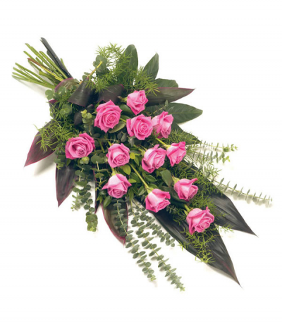 Pink Pearl - An elegant tied sheaf of luxury pink roses, along with lush seasonal foliages to compliment.
Image shown is Standard size (12 roses).