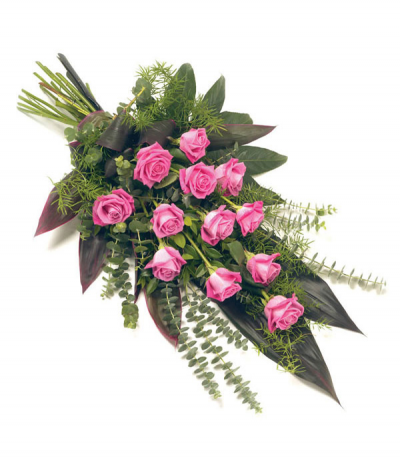 Pink Pearl - An elegant tied sheaf of luxury pink roses, along with lush seasonal foliages to compliment.
Image shown is Standard size (12 roses).