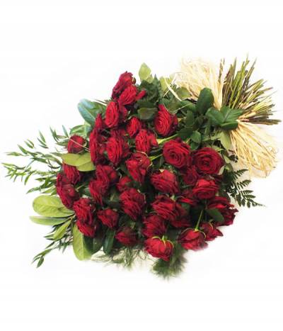 50 red rose sheaf - A luxury choice, this tied sheaf of 50 luxury red roses looks impressive yet elegant. Mixed with lush foliage and tied with natural raffia.
Colours and rose amount can be altered to suit your preferences- please call us to discuss your requirements.
