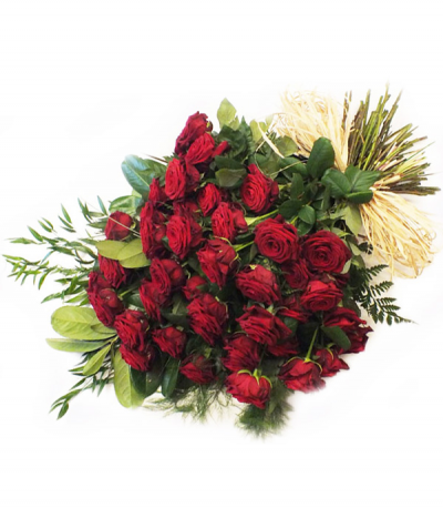 50 red rose sheaf - A luxury choice, this tied sheaf of 50 luxury red roses looks impressive yet elegant. Mixed with lush foliage and tied with natural raffia.
Colours and rose amount can be altered to suit your preferences- please call us to discuss your requirements.