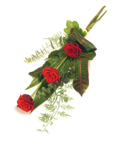 3 red rose sheaf - A simple tied sheaf of 3 luxury red roses with foliages to compliment.
Rose colour can be altered to suit your preferences- please call us to discuss your requirements.