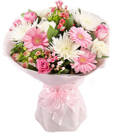 Pink Blush - A pretty hand-tied bouquet in water, presented in a gift bag/box. Created using a seasonal selection of soft pinks and whites, including pretty roses and gerberas.