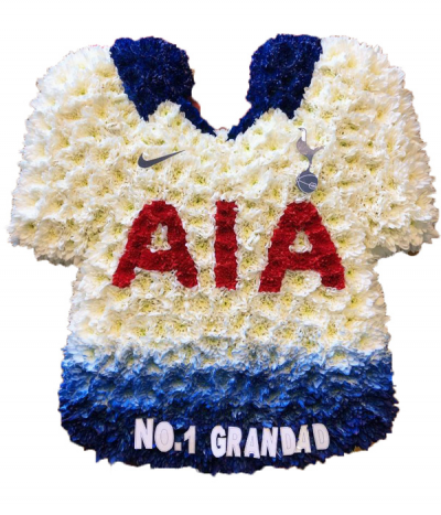 Tottenham Football Shirt - Tottenham Football Club shirt design, carefully created using freshly dyed chrysanthemums and badge/lettering decals.

Design can be altered to suit your preferences and alternativ