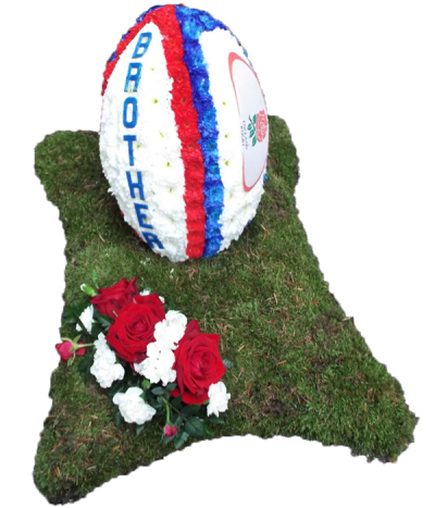Rugby Ball Tribute - A striking rugby ball tribute on a mossed base. Created using massed chrysanthemums and a beautiful red rose spray is added to one side of the base.