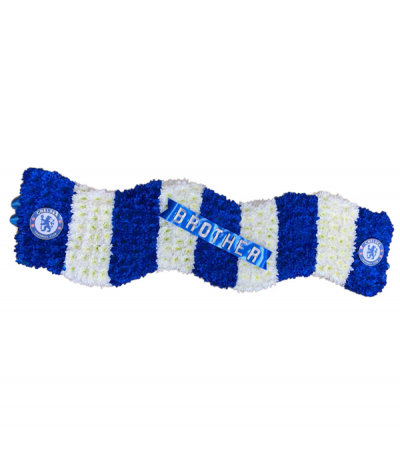 Chelsea Football Scarf - A bold tribute to a Chelsea fan- this scarf design is expertly created using massed chrysanthemums and finished with badge decals and your choice of wording/name on a ribbon