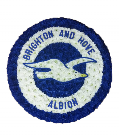 Brighton and Hove Albion Football Badge - An expertly created football badge, in memory of a Brighton and Hove Albion fan, crafted using dyed blue and white chrysanthemums with lettering and trimmings