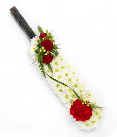 Cricket Bat - A stunning cricket bat design, using white massed chrysanthemums and finished with a pretty red rose spray and red carnation "ball".