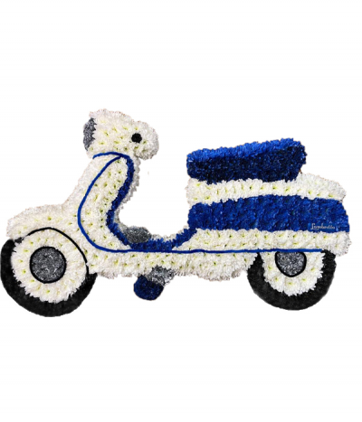 Lambretta Scooter Tribute - An impressive 2D scooter design, expertly crafted using massed chrysanthemums in white and dyed blue, silver and black details.