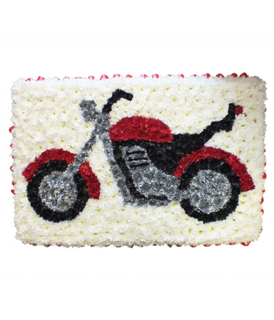 Motorbike Tribute - An impressive 2D motorbike design crafted from massed chrysanthemums and depicting a red and silver chopper-style motorbike image on a white background, framed with red ribbon