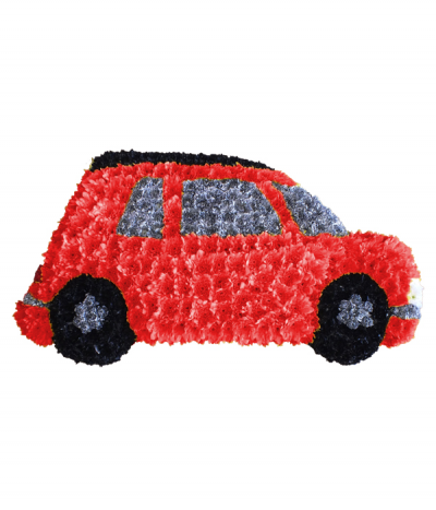 Red Car Tribute - A classic 2D car shape tribute, using neatly massed chrysanthemums in dyed colours.