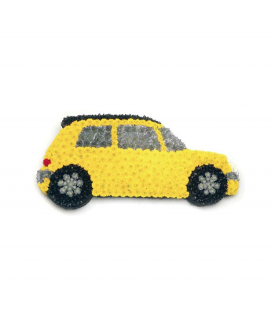 Yellow Car Tribute - A classic 2D car shape tribute, using neatly massed chrysanthemums in dyed colours.