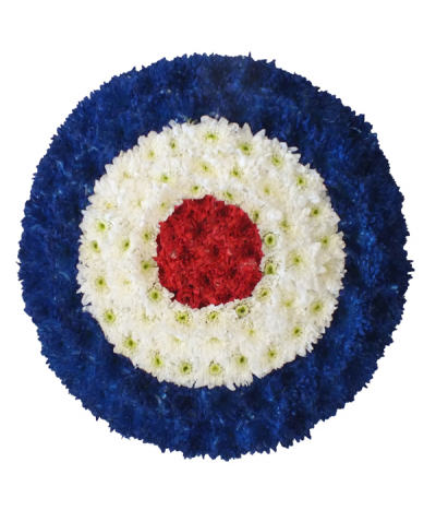 RAF Insignia Tribute - A patriotic tribute to our nation's heroes, this red, white and blue RAF insignia tribute is massed using dyed chrysanthemums.