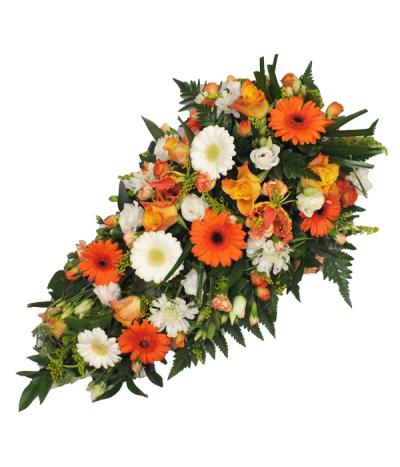Autumn Memories - A striking display of mixed orange and white seasonal flowers, arranged in a teardrop-shaped single-ended spray tribute.