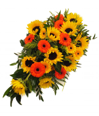 Sunny & Bright - A single-ended spray consisting of sunflowers and bright orange gerberas, finished with solidago and green foliages.