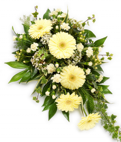 Rustic Morning - A vintage-style lemon & cream single-ended spray, including gerberas, berries, ivy and more, in a looser, more natural teardrop shape.