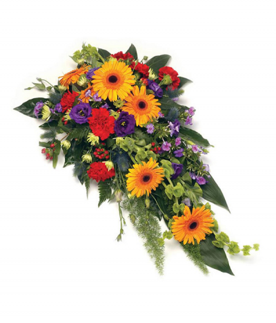 Vibrant Spray - A colourful selection in a contemporary-style single-ended spray tribute, featuring gerberas, lisianthus, carnations and berries among many others.