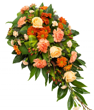 Shades of Orange - A beautiful single-ended spray consisting of mixed orange/peach seasonal flowers and foliages. Featuring roses, carnations, chrysanthemums, hypericum and more.
