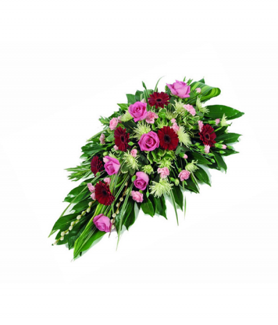 Remember - Pink roses and deep burgundy gerberas adorn this luxurious-looking single-ended spray alongside lime chrysanthemums and delicate pink spray-carnations.