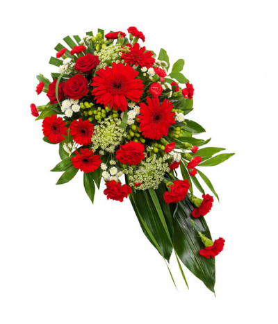 Scarlet Blooms - A striking spray of bright red seasonal flowers with lime and cream accents, arranged in a classic teardrop-shape tribute.