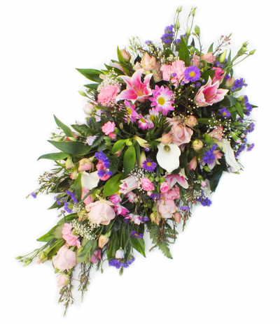 Sweet Times - A pretty, country-style selection of mixed pink, purple and white seasonal flowers and luscious greenery, arranged in a teardrop-shape single-ended spray.