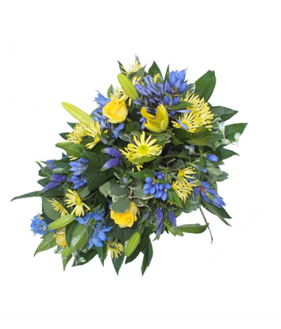 Treasured Memories - A Springlike yellow and blue selection, arranged in a single-ended spray design.