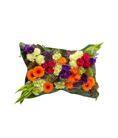 Colour Burst - A truly vibrant and artistic pillow design, this tribute incorporates bright oranges, reds, purples and limes among textured leaves and twisted branches for a contemporary feel.