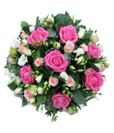 Rose Garden Posy - A pretty pink posy pad tribute featuring various roses along with freesias and lisianthus, a sweetly fragrant arrangement in memory of a loved one.
