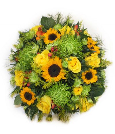 Sunny Memories Posy - A bright and eye-catching posy pad tribute featuring vibrant yellows and lime greens including roses, chrysanthemums and other seasonal flowers such as sunflowers (when available)