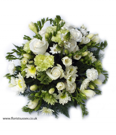 Eternity Posy - A serene tribute consisting of crisp whites, creams and greens such as roses, freesias, chrysanthemums, lisianthus and more amongst lush foliage.