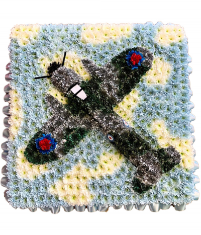 RAF Spitfire Tribute - An expertly created RAF Spitfire fighter plane, using chrysanthemums carefully painted in camouflage colourings and featuring the red and blue roundel on the wings.